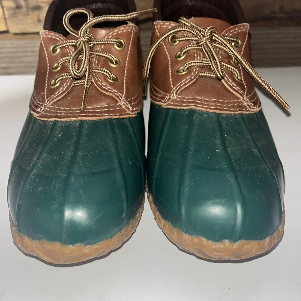 Eddie Bauer Sz 9 M Rubber Moc Duck Boots Tan  Green Women's USA Made